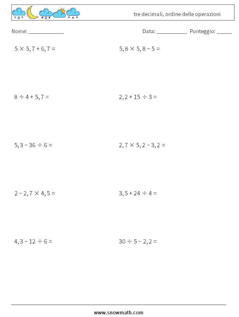 (10) tre decimali, ordine delle operazioni Fogli di lavoro di matematica 6
