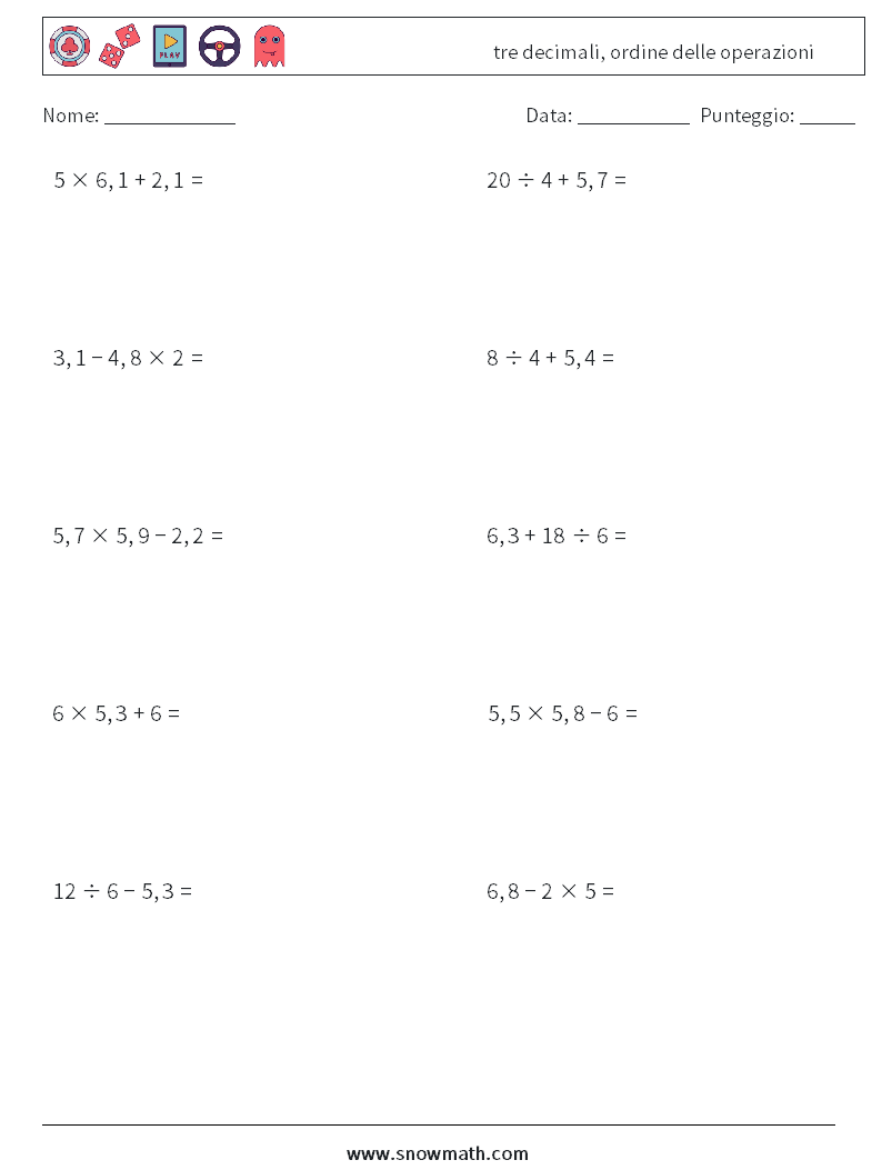 (10) tre decimali, ordine delle operazioni Fogli di lavoro di matematica 7