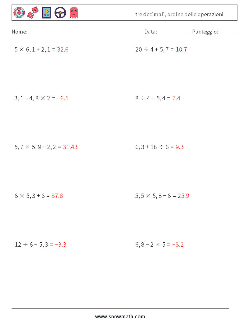 (10) tre decimali, ordine delle operazioni Fogli di lavoro di matematica 7 Domanda, Risposta