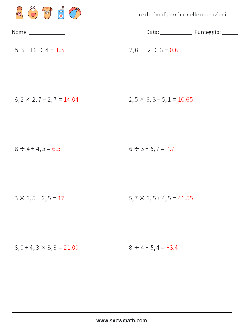 (10) tre decimali, ordine delle operazioni Fogli di lavoro di matematica 8 Domanda, Risposta