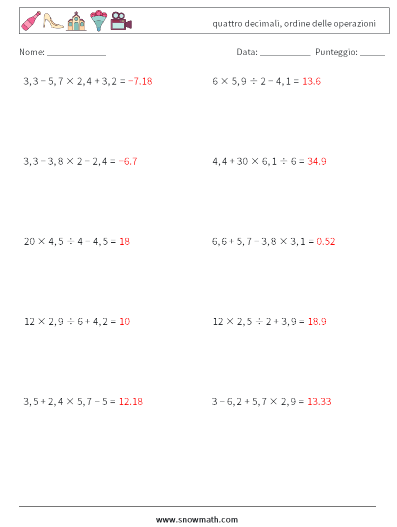 (10) quattro decimali, ordine delle operazioni Fogli di lavoro di matematica 13 Domanda, Risposta