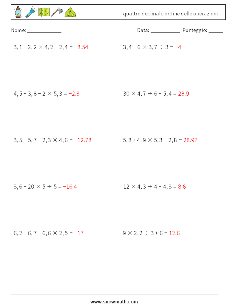 (10) quattro decimali, ordine delle operazioni Fogli di lavoro di matematica 18 Domanda, Risposta