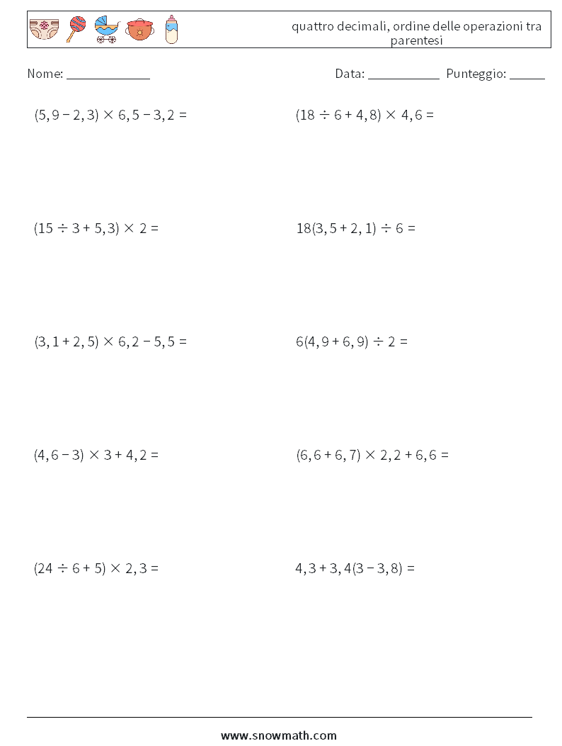 (10) quattro decimali, ordine delle operazioni tra parentesi Fogli di lavoro di matematica 11