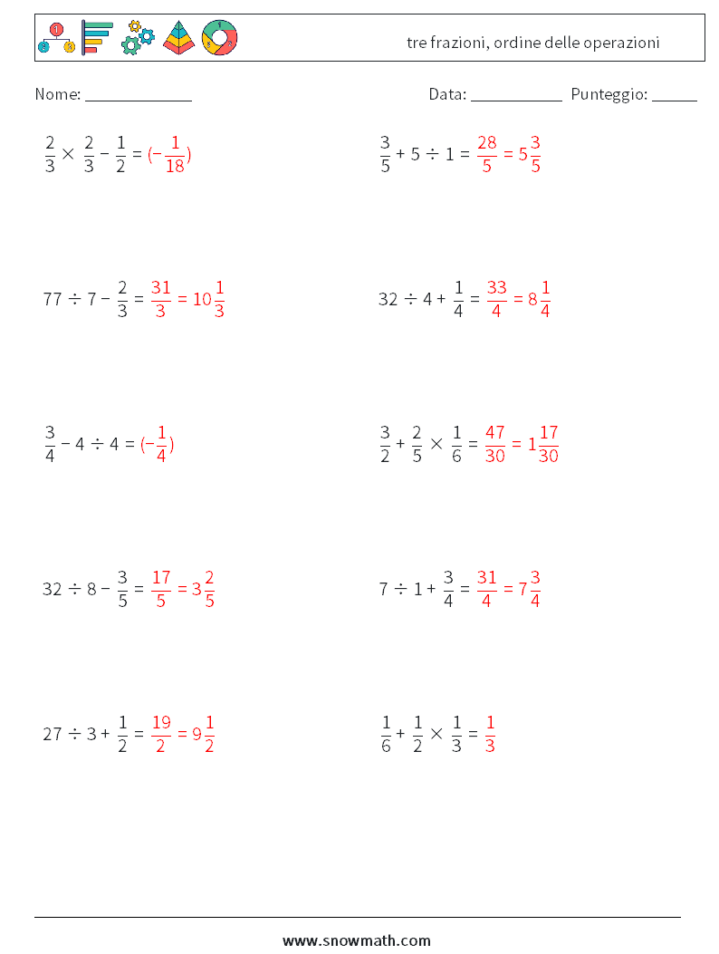 (10) tre frazioni, ordine delle operazioni Fogli di lavoro di matematica 10 Domanda, Risposta