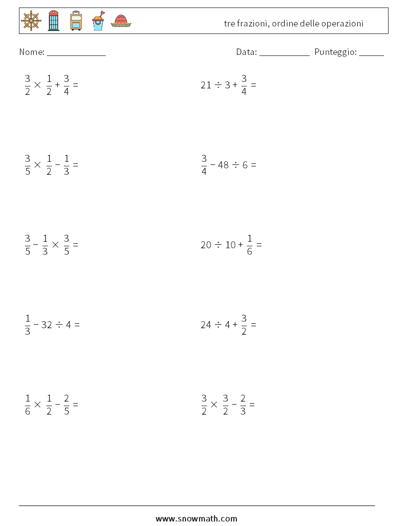 (10) tre frazioni, ordine delle operazioni Fogli di lavoro di matematica 11