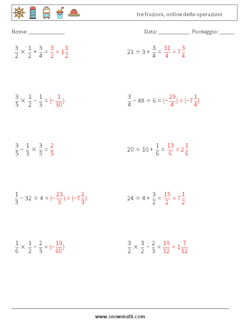 (10) tre frazioni, ordine delle operazioni Fogli di lavoro di matematica 11 Domanda, Risposta