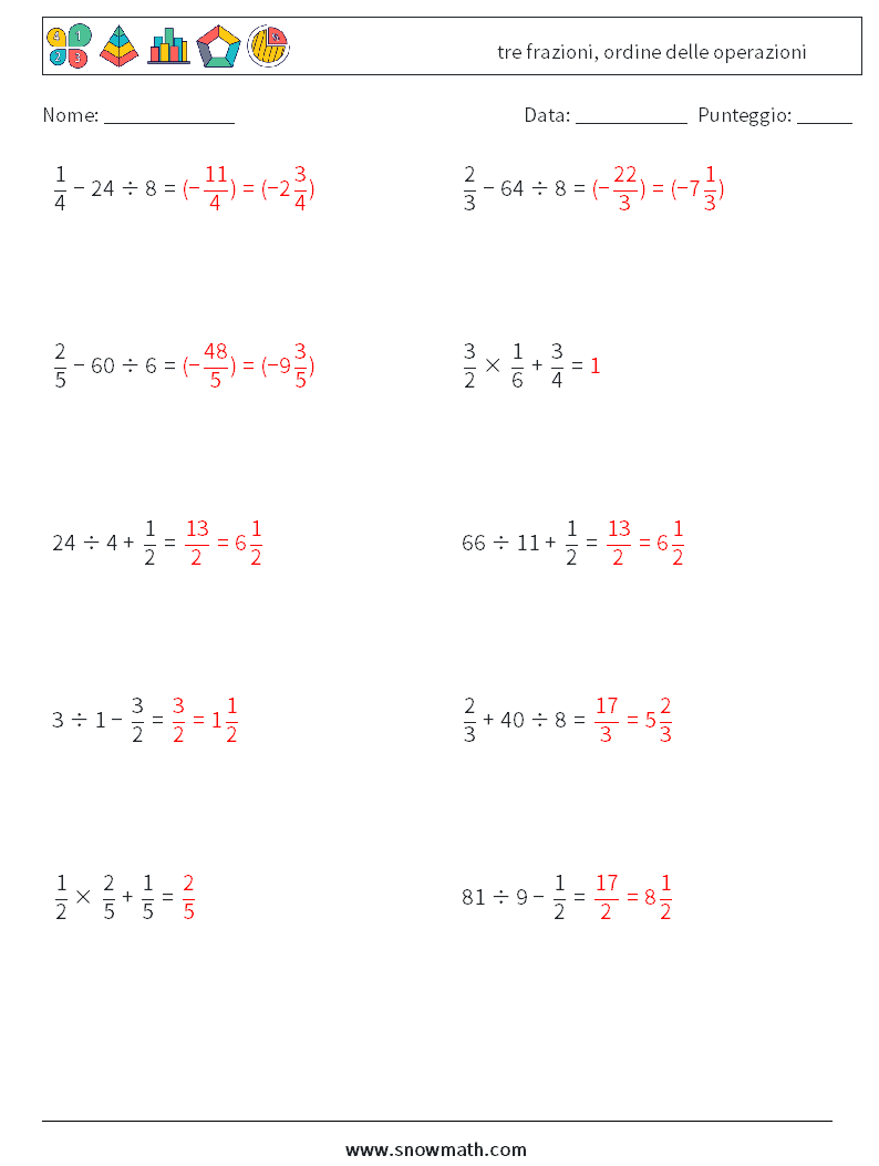 (10) tre frazioni, ordine delle operazioni Fogli di lavoro di matematica 12 Domanda, Risposta