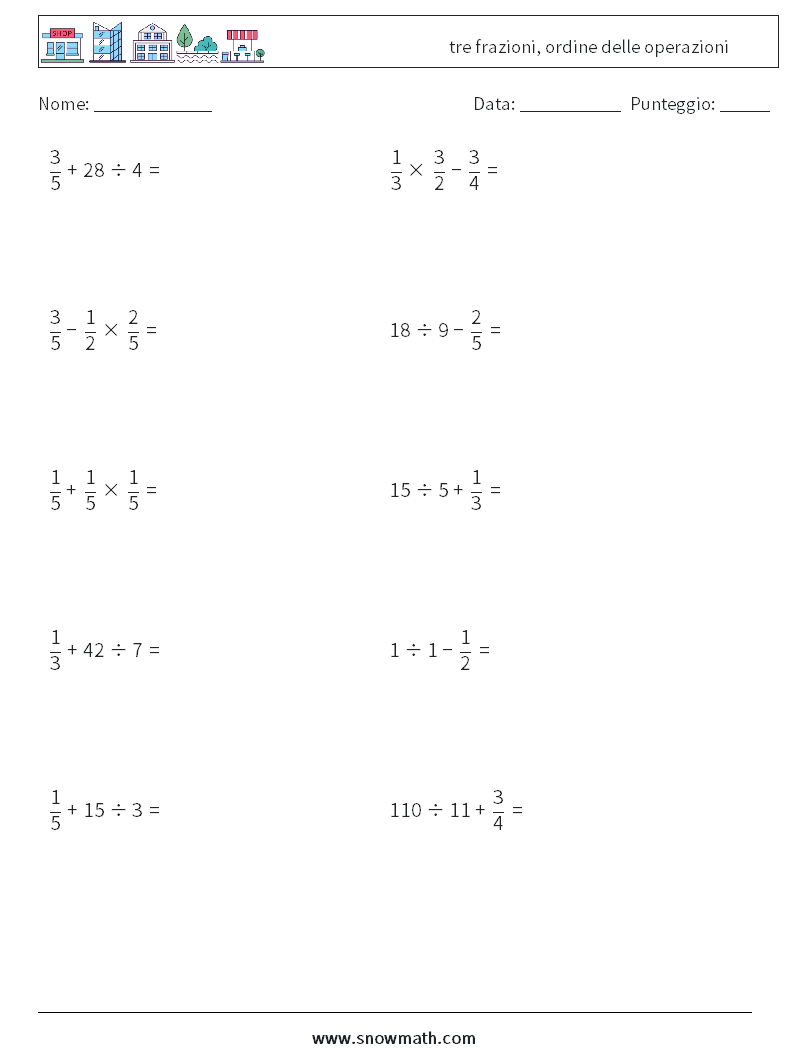 (10) tre frazioni, ordine delle operazioni Fogli di lavoro di matematica 13