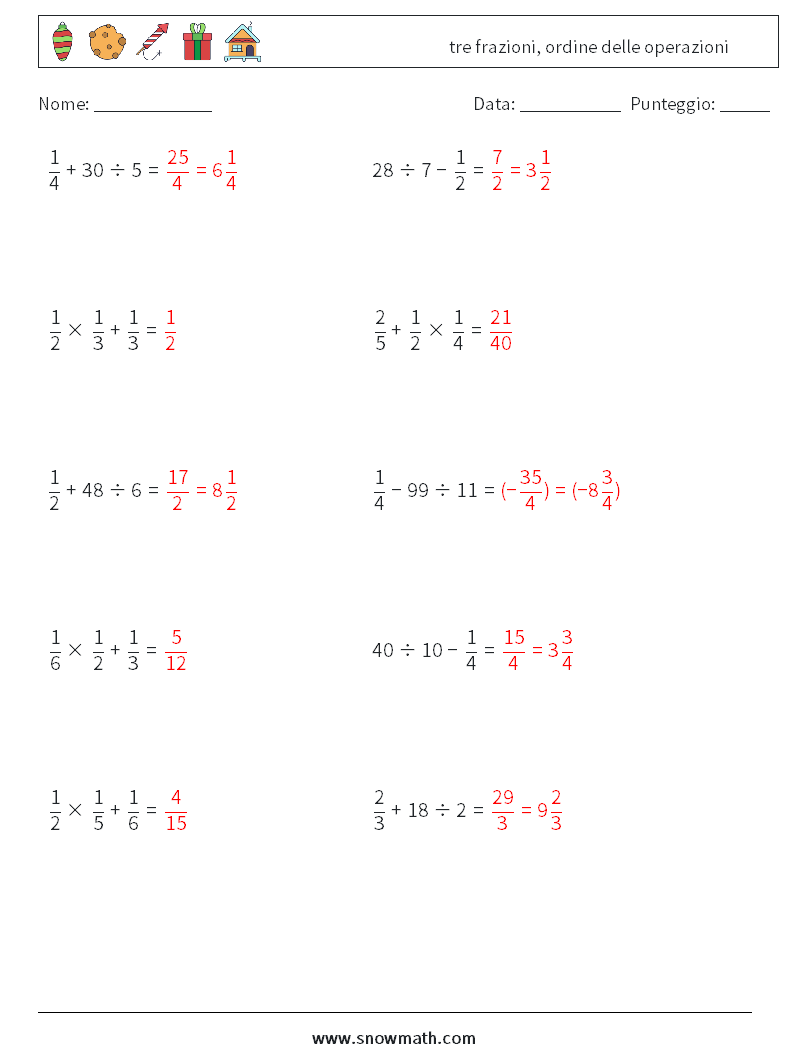 (10) tre frazioni, ordine delle operazioni Fogli di lavoro di matematica 14 Domanda, Risposta