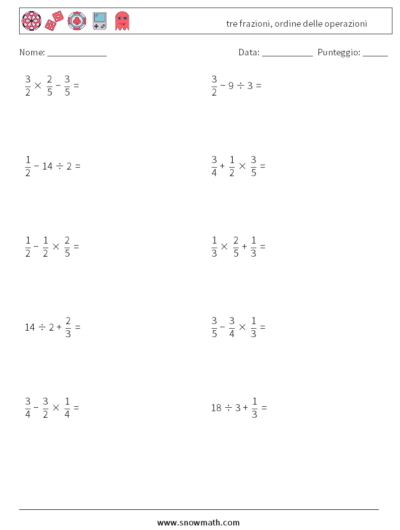 (10) tre frazioni, ordine delle operazioni Fogli di lavoro di matematica 15