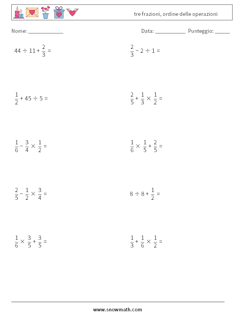 (10) tre frazioni, ordine delle operazioni Fogli di lavoro di matematica 16