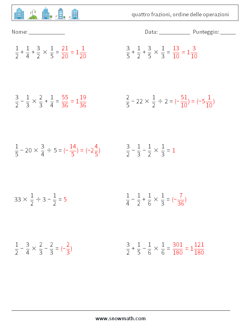 (10) quattro frazioni, ordine delle operazioni Fogli di lavoro di matematica 1 Domanda, Risposta