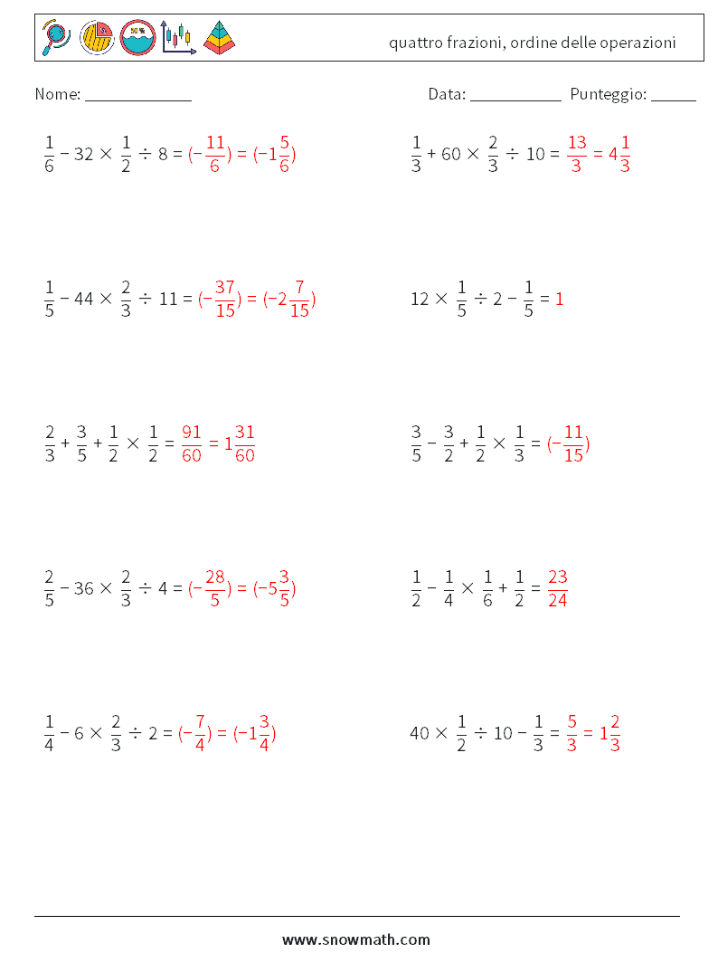 (10) quattro frazioni, ordine delle operazioni Fogli di lavoro di matematica 5 Domanda, Risposta