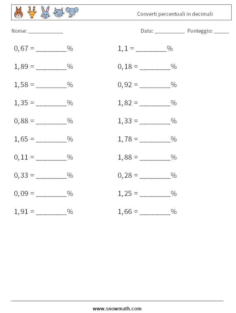 Converti percentuali in decimali Fogli di lavoro di matematica 5