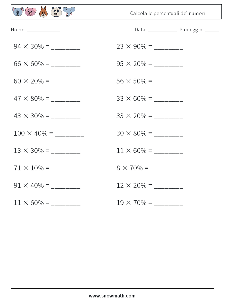 Calcola le percentuali dei numeri Fogli di lavoro di matematica 3
