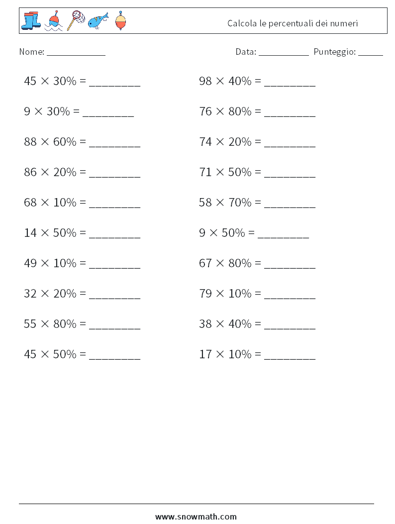 Calcola le percentuali dei numeri Fogli di lavoro di matematica 6