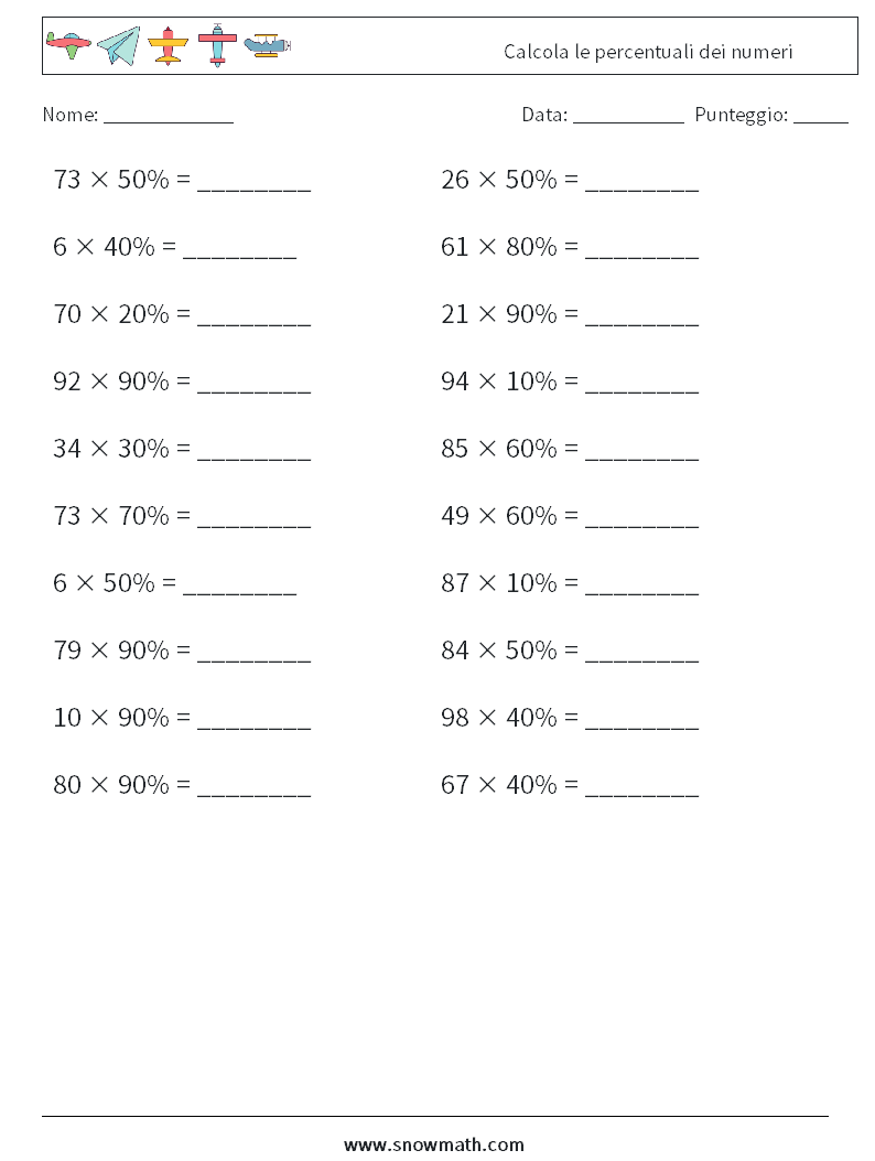 Calcola le percentuali dei numeri Fogli di lavoro di matematica 9