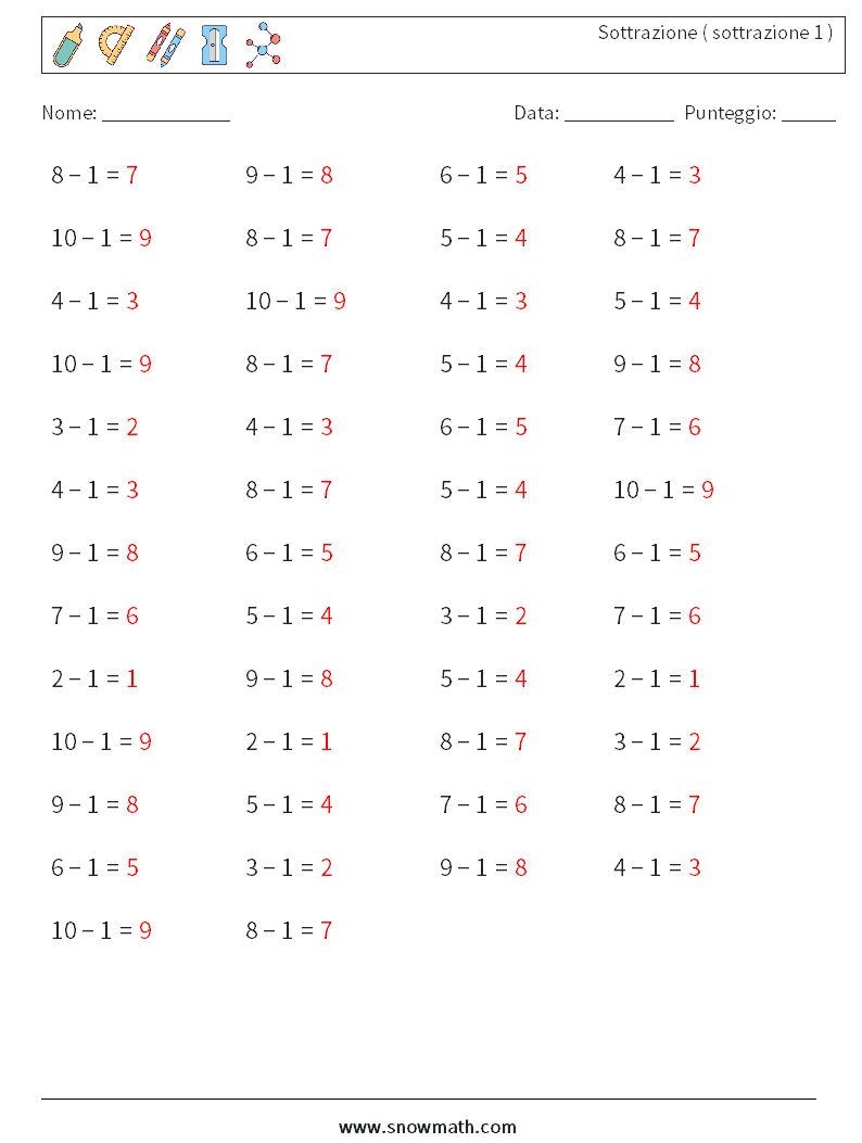 (50) Sottrazione ( sottrazione 1 ) Fogli di lavoro di matematica 1 Domanda, Risposta