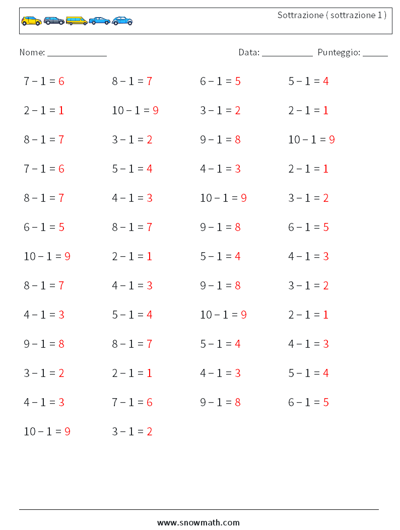 (50) Sottrazione ( sottrazione 1 ) Fogli di lavoro di matematica 2 Domanda, Risposta