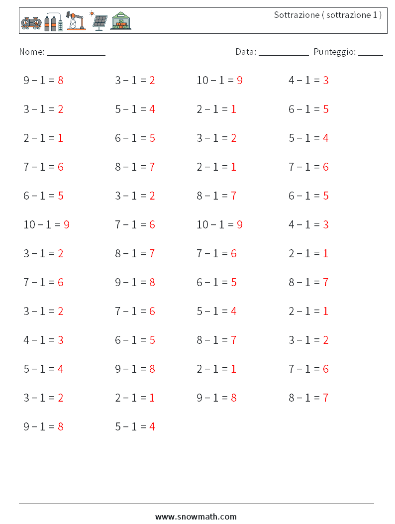 (50) Sottrazione ( sottrazione 1 ) Fogli di lavoro di matematica 3 Domanda, Risposta