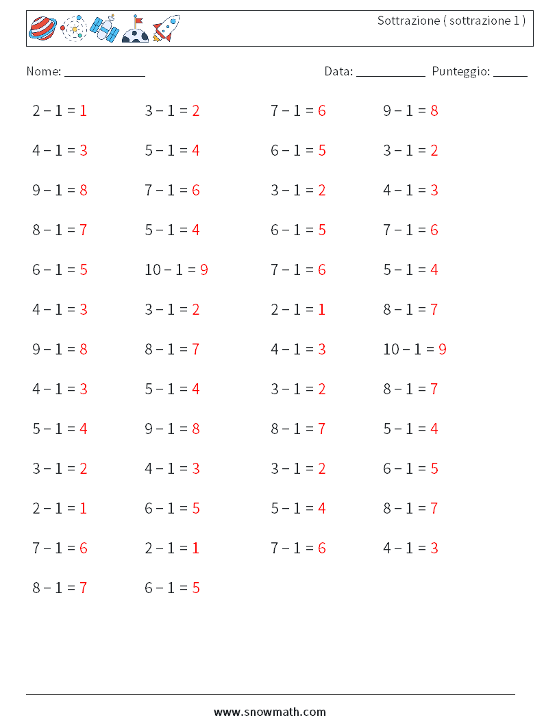(50) Sottrazione ( sottrazione 1 ) Fogli di lavoro di matematica 4 Domanda, Risposta