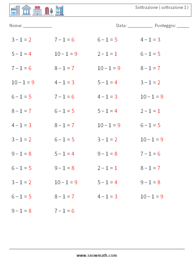 (50) Sottrazione ( sottrazione 1 ) Fogli di lavoro di matematica 6 Domanda, Risposta