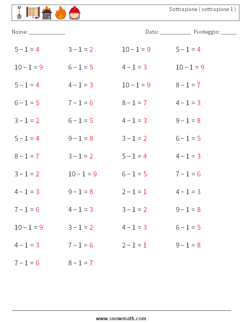(50) Sottrazione ( sottrazione 1 ) Fogli di lavoro di matematica 7 Domanda, Risposta