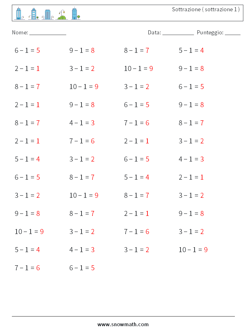 (50) Sottrazione ( sottrazione 1 ) Fogli di lavoro di matematica 8 Domanda, Risposta