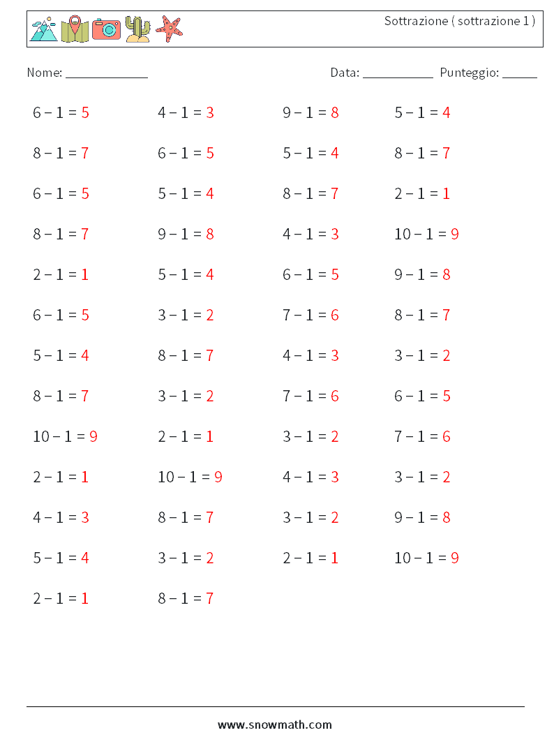 (50) Sottrazione ( sottrazione 1 ) Fogli di lavoro di matematica 9 Domanda, Risposta