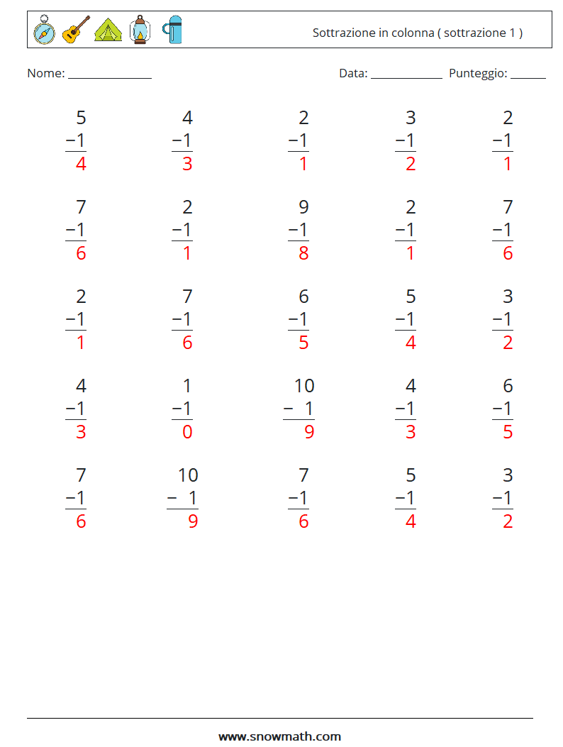 (25) Sottrazione in colonna ( sottrazione 1 ) Fogli di lavoro di matematica 5 Domanda, Risposta