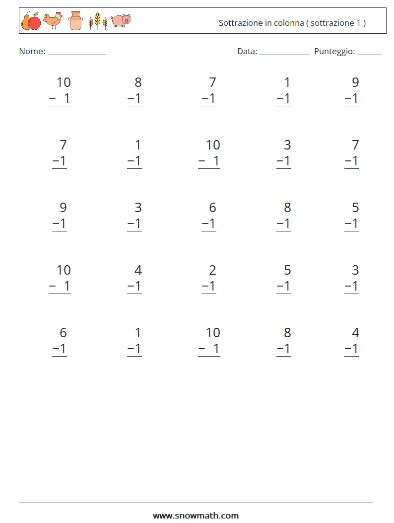 (25) Sottrazione in colonna ( sottrazione 1 ) Fogli di lavoro di matematica 9