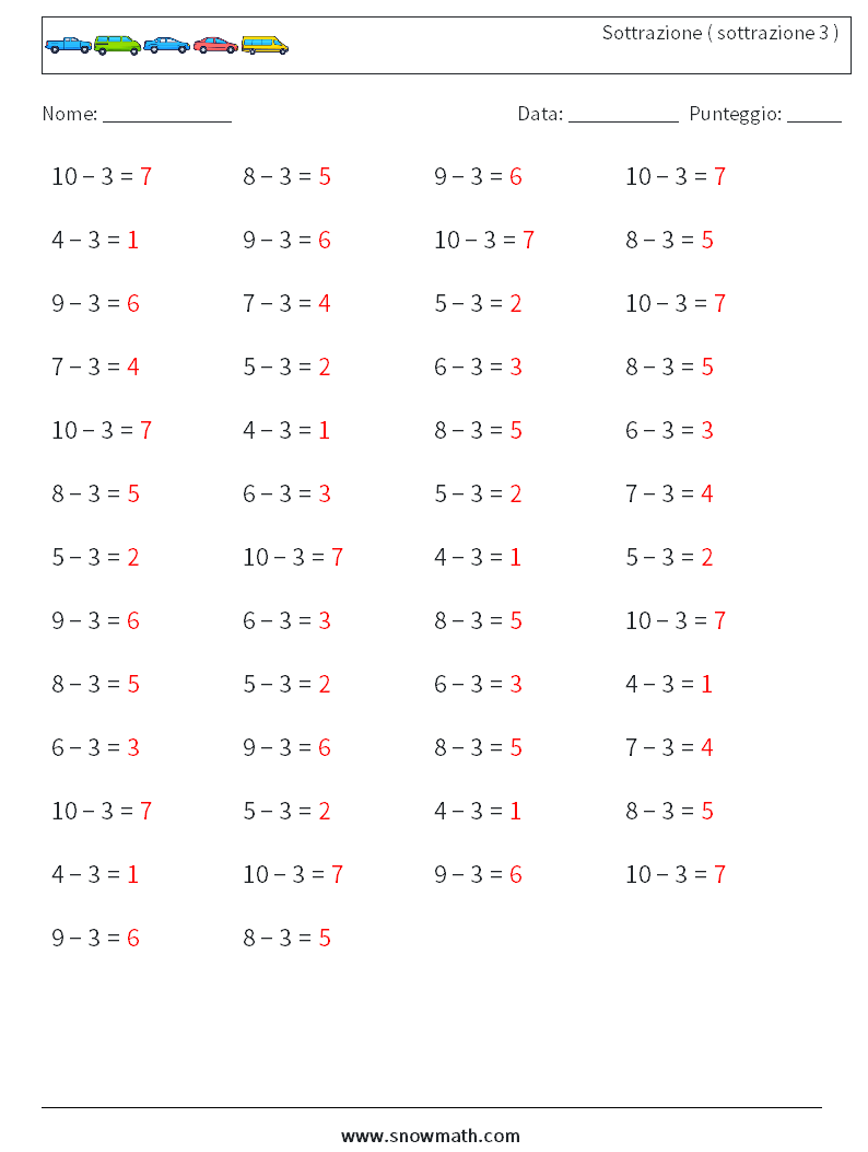 (50) Sottrazione ( sottrazione 3 ) Fogli di lavoro di matematica 2 Domanda, Risposta