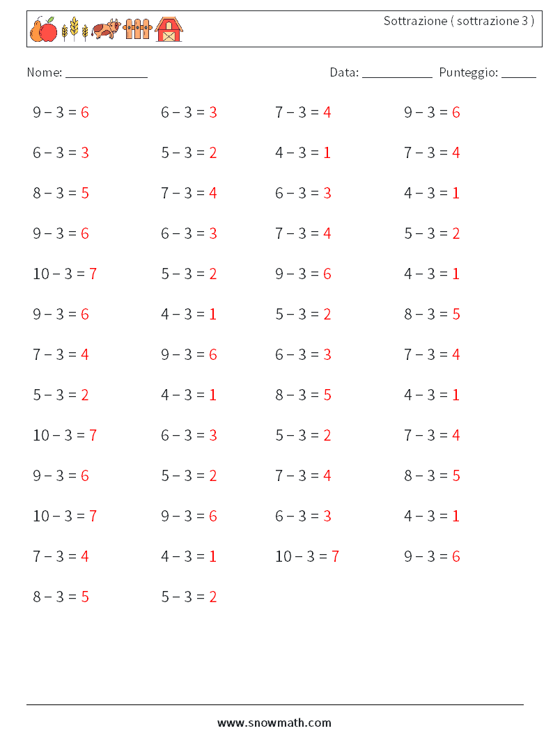 (50) Sottrazione ( sottrazione 3 ) Fogli di lavoro di matematica 3 Domanda, Risposta