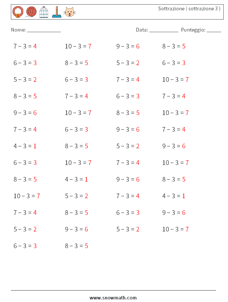 (50) Sottrazione ( sottrazione 3 ) Fogli di lavoro di matematica 4 Domanda, Risposta