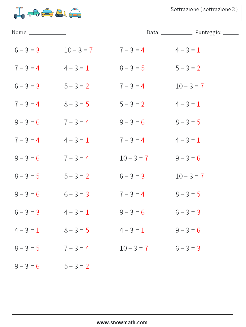 (50) Sottrazione ( sottrazione 3 ) Fogli di lavoro di matematica 5 Domanda, Risposta