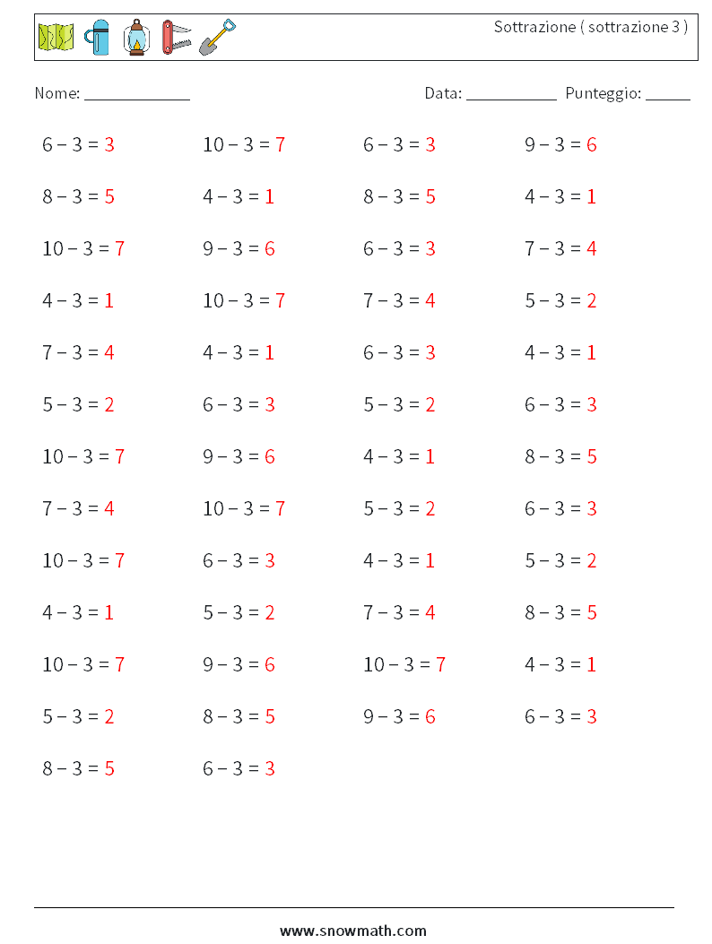 (50) Sottrazione ( sottrazione 3 ) Fogli di lavoro di matematica 7 Domanda, Risposta