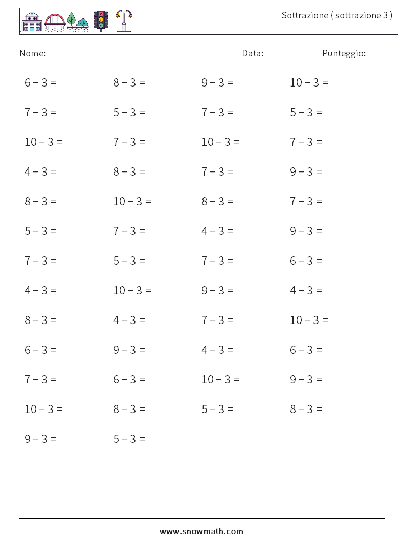 (50) Sottrazione ( sottrazione 3 ) Fogli di lavoro di matematica 9