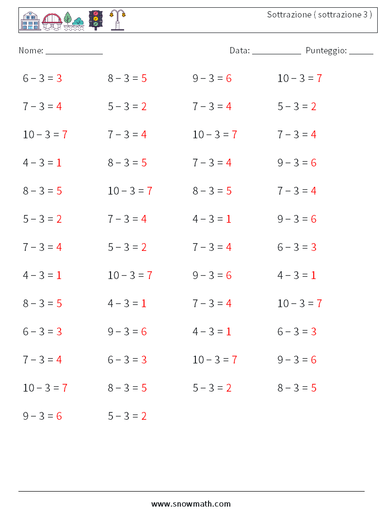 (50) Sottrazione ( sottrazione 3 ) Fogli di lavoro di matematica 9 Domanda, Risposta