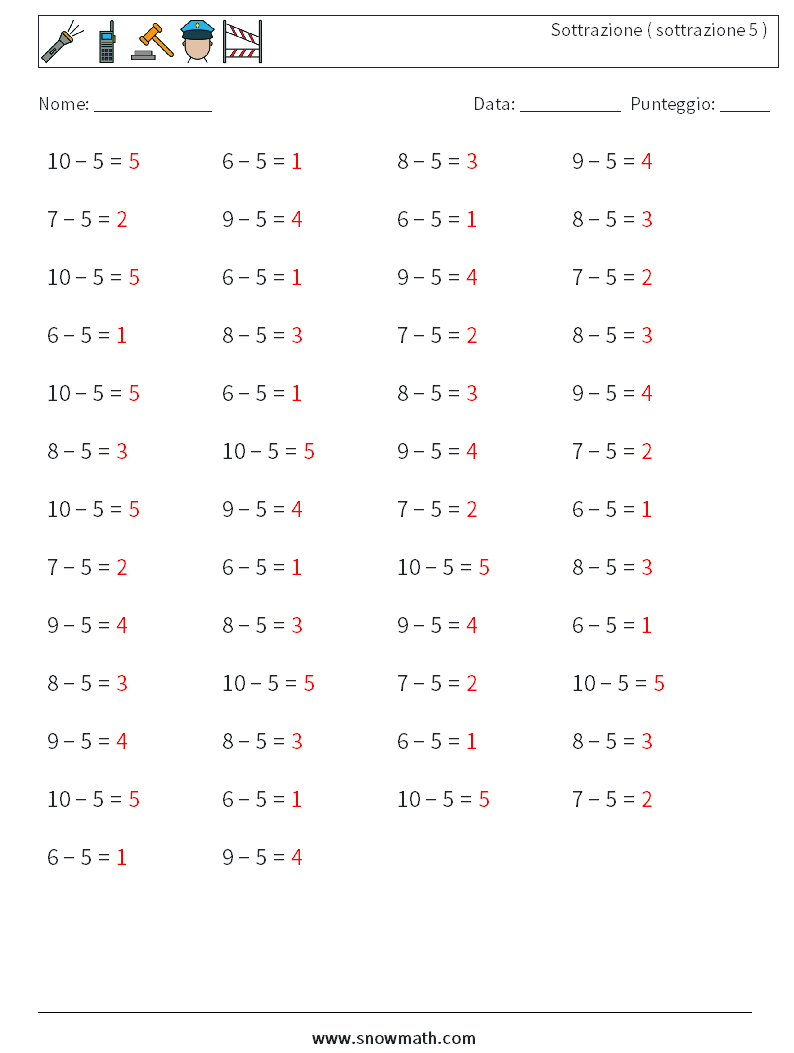 (50) Sottrazione ( sottrazione 5 ) Fogli di lavoro di matematica 2 Domanda, Risposta