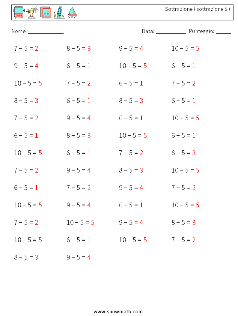 (50) Sottrazione ( sottrazione 5 ) Fogli di lavoro di matematica 3 Domanda, Risposta