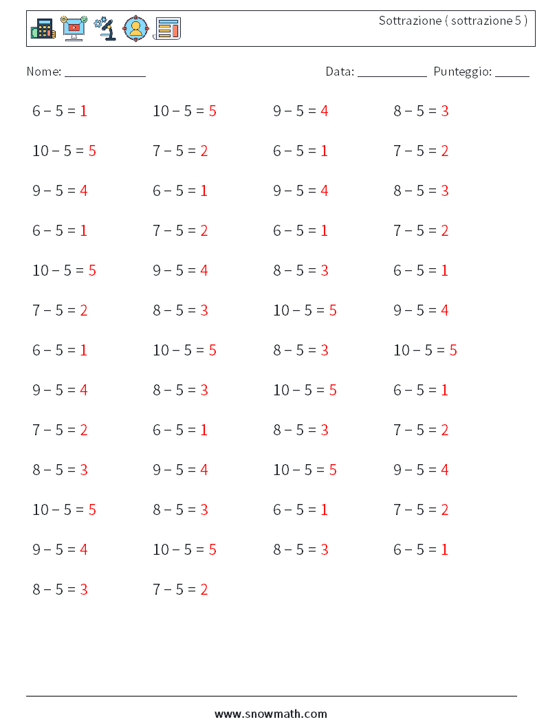 (50) Sottrazione ( sottrazione 5 ) Fogli di lavoro di matematica 4 Domanda, Risposta
