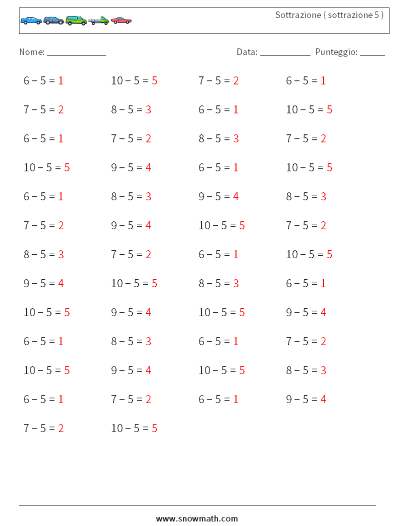(50) Sottrazione ( sottrazione 5 ) Fogli di lavoro di matematica 5 Domanda, Risposta