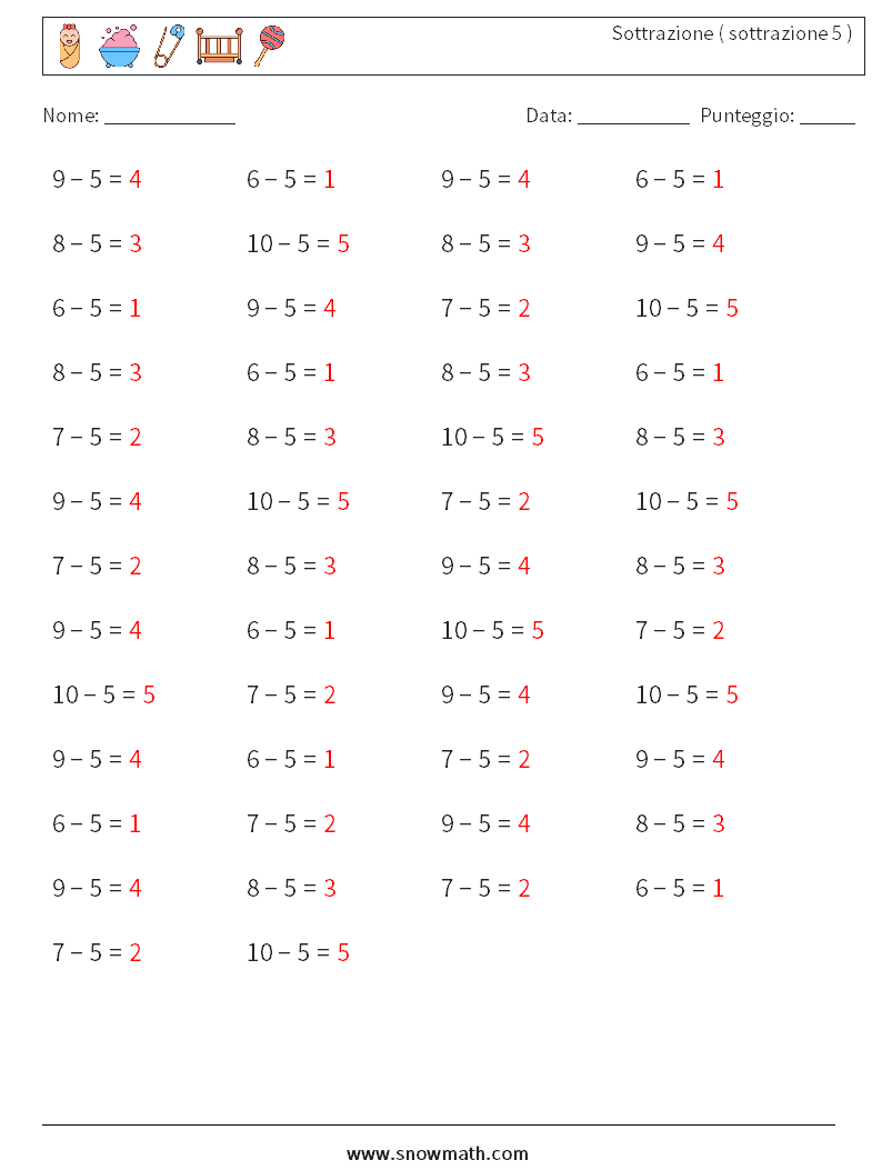 (50) Sottrazione ( sottrazione 5 ) Fogli di lavoro di matematica 6 Domanda, Risposta