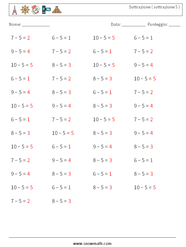(50) Sottrazione ( sottrazione 5 ) Fogli di lavoro di matematica 9 Domanda, Risposta