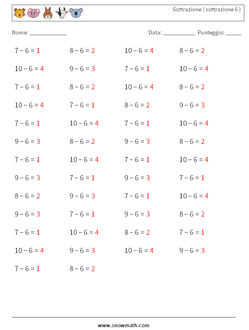 (50) Sottrazione ( sottrazione 6 ) Fogli di lavoro di matematica 1 Domanda, Risposta
