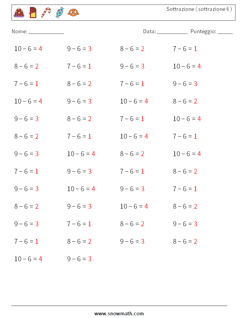 (50) Sottrazione ( sottrazione 6 ) Fogli di lavoro di matematica 3 Domanda, Risposta