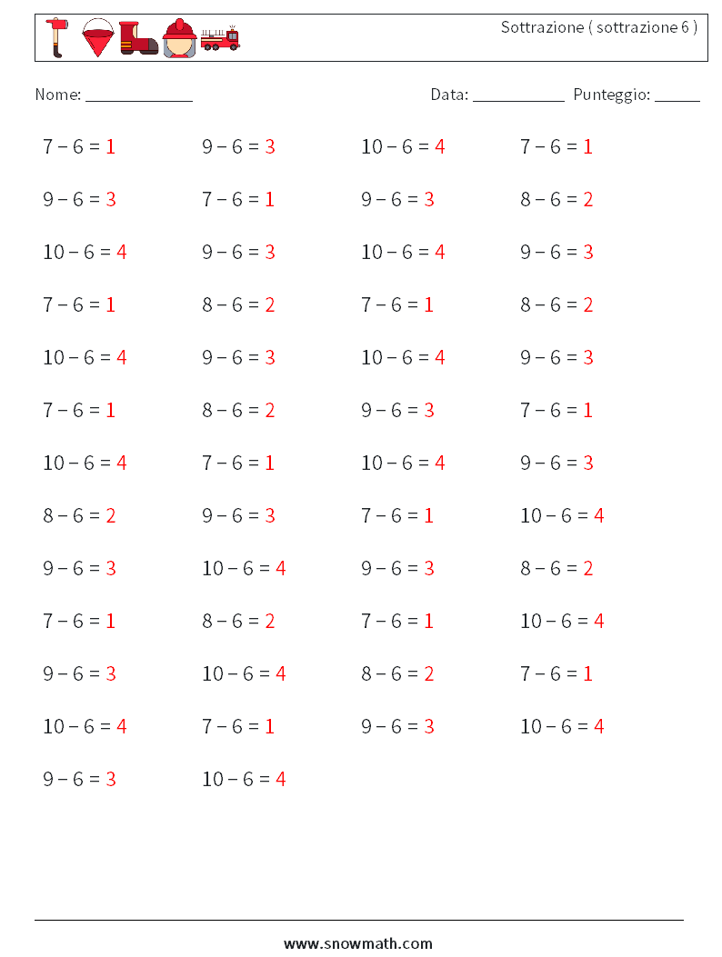 (50) Sottrazione ( sottrazione 6 ) Fogli di lavoro di matematica 4 Domanda, Risposta