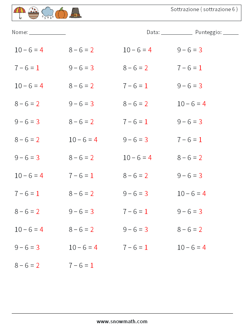 (50) Sottrazione ( sottrazione 6 ) Fogli di lavoro di matematica 5 Domanda, Risposta