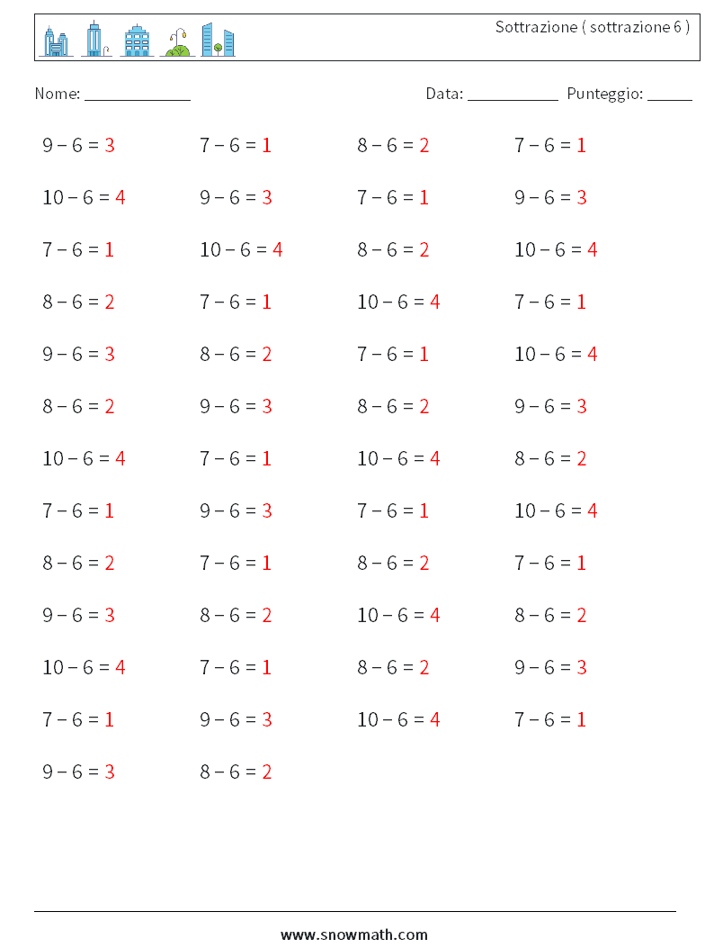 (50) Sottrazione ( sottrazione 6 ) Fogli di lavoro di matematica 6 Domanda, Risposta