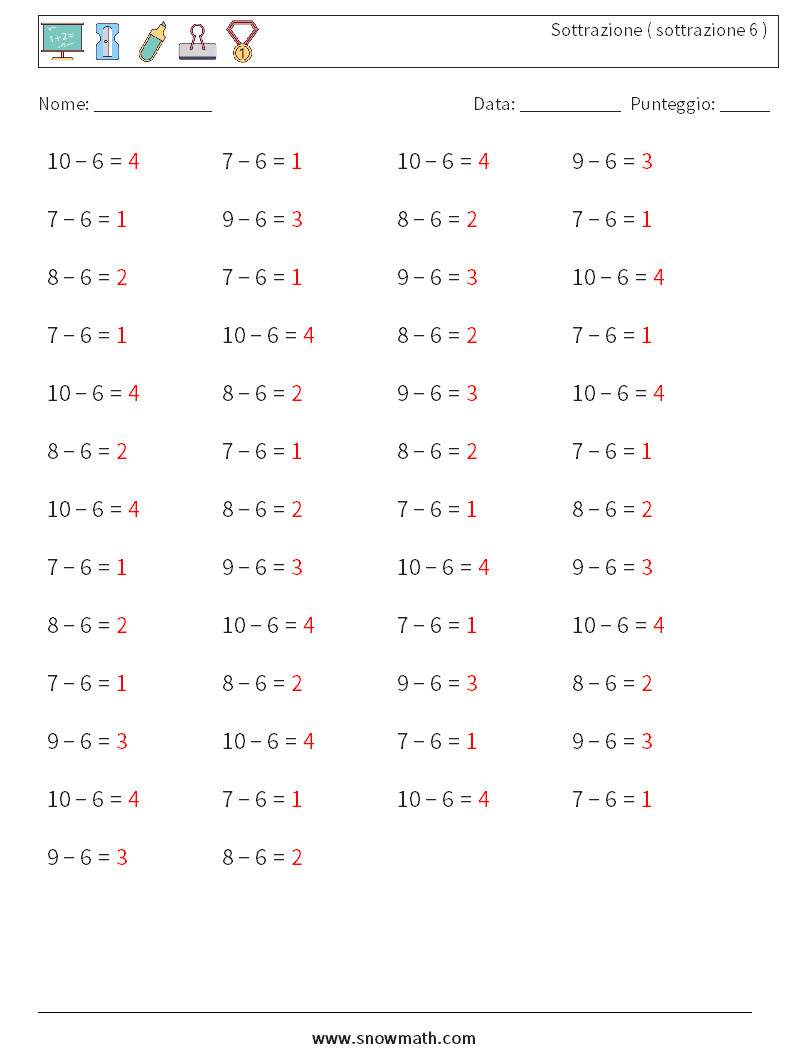 (50) Sottrazione ( sottrazione 6 ) Fogli di lavoro di matematica 7 Domanda, Risposta